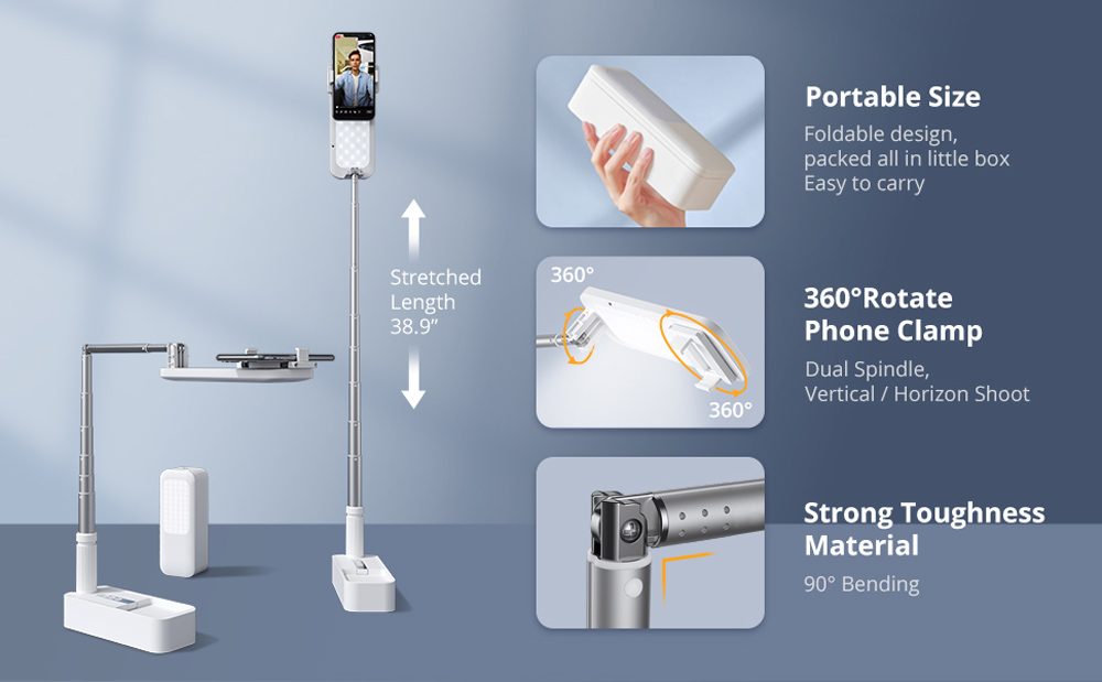 New Portable Phone Holder - Retractable Stand with Dimmable LED Fill Light